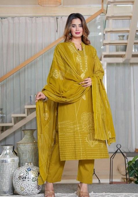 Yellow Embroidered Cotton Kurta Set