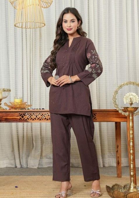 Brown Embroidered Cotton Kurta Set