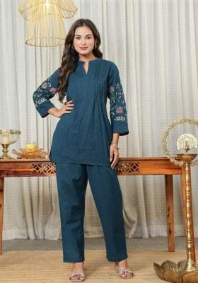 Teal Embroidered Cotton Kurta Set