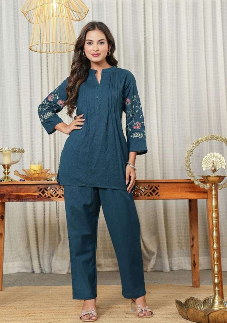 Teal Embroidered Cotton Kurta Set - Indya