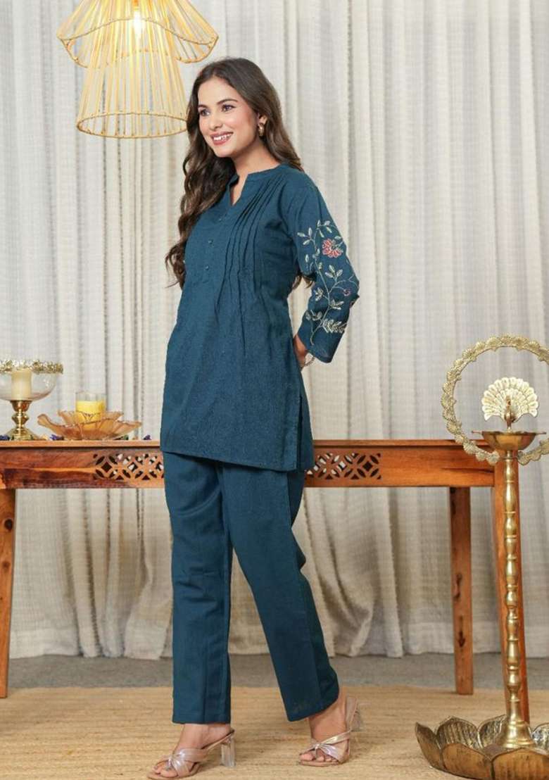 Teal Embroidered Cotton Kurta Set - Indya