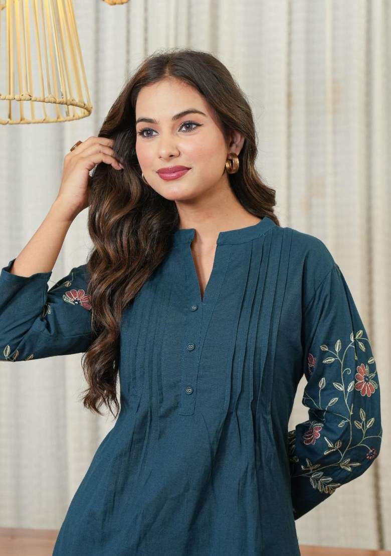 Teal Embroidered Cotton Kurta Set - Indya