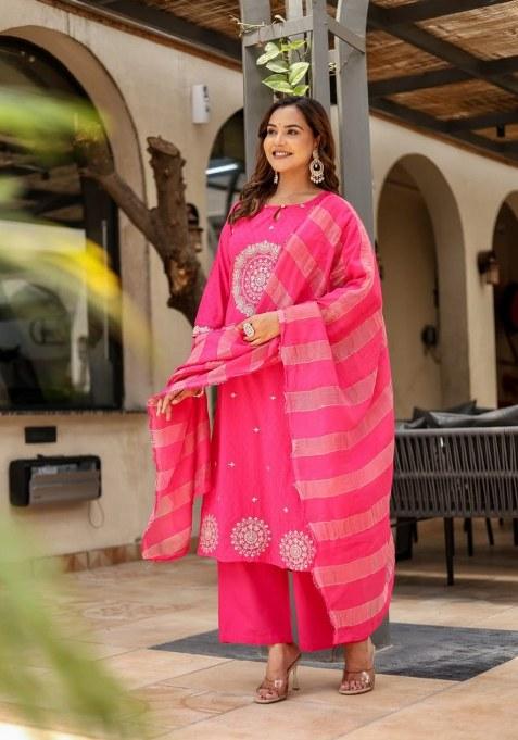 Pink Embroidered Cotton Kurta Set
