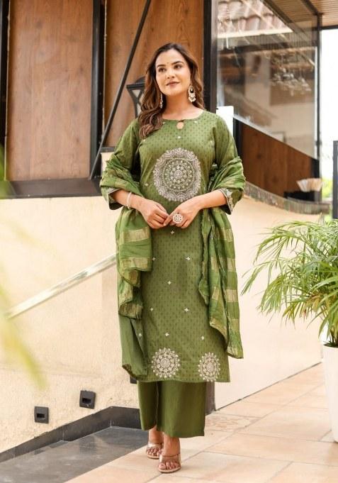 Green Embroidered Cotton Kurta Set