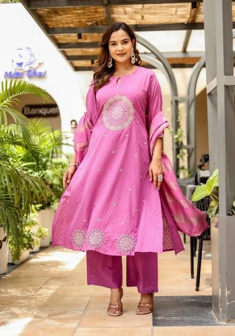 Purple Embroidered Cotton Kurta Set