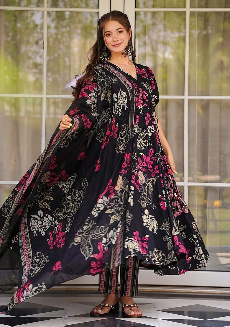 Black And Rose Floral Print Muslin Anarkali Set - Indya