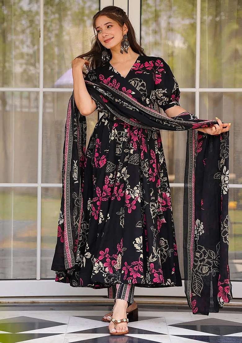 Black And Rose Floral Print Muslin Anarkali Set - Indya