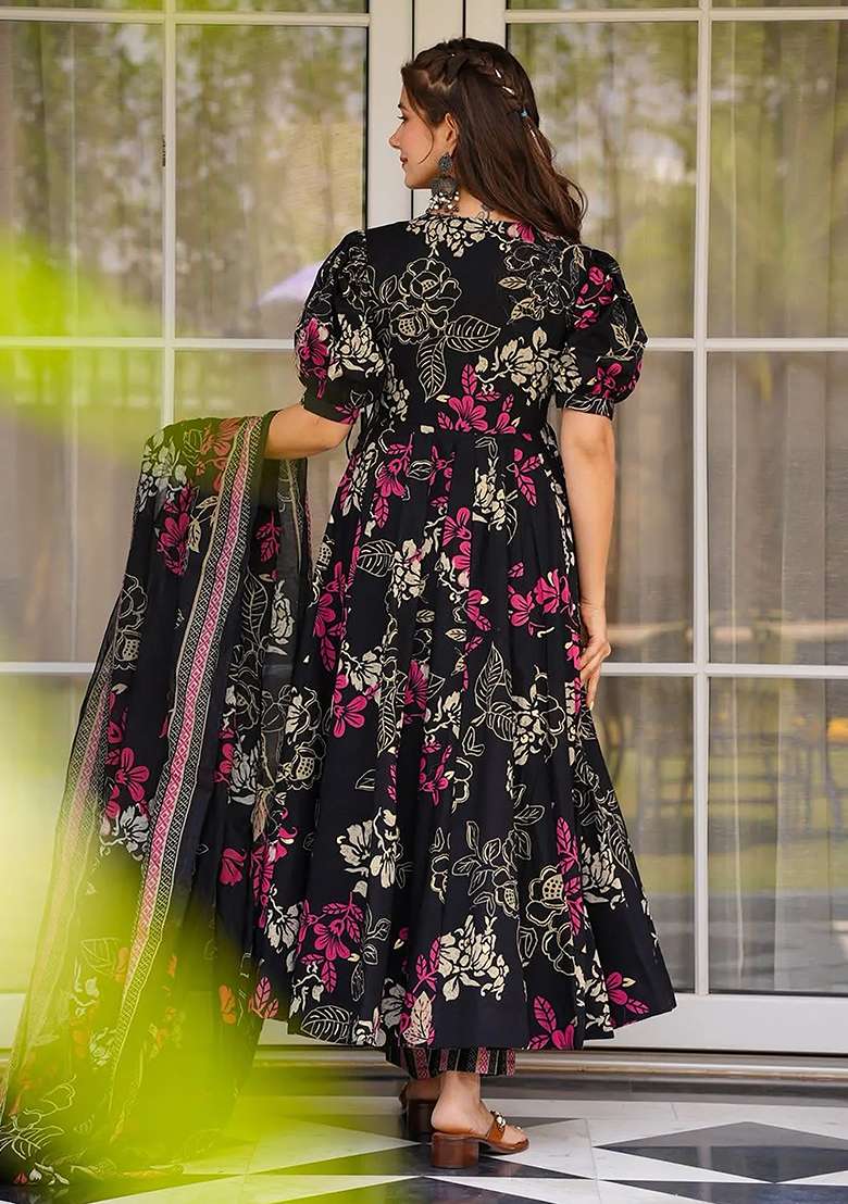 Black And Rose Floral Print Muslin Anarkali Set - Indya