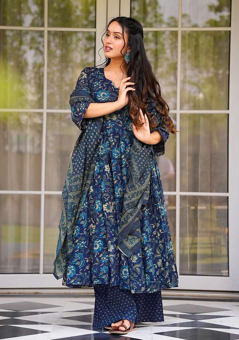 Rama Printed Muslin Anarkali Set - Indya