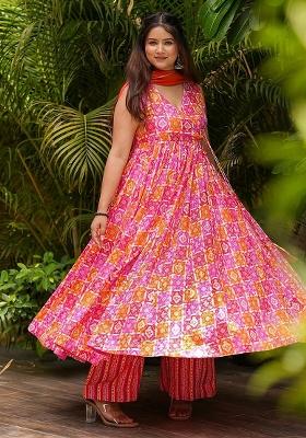 Porange And Pink Printed Muslin Anarkali Set