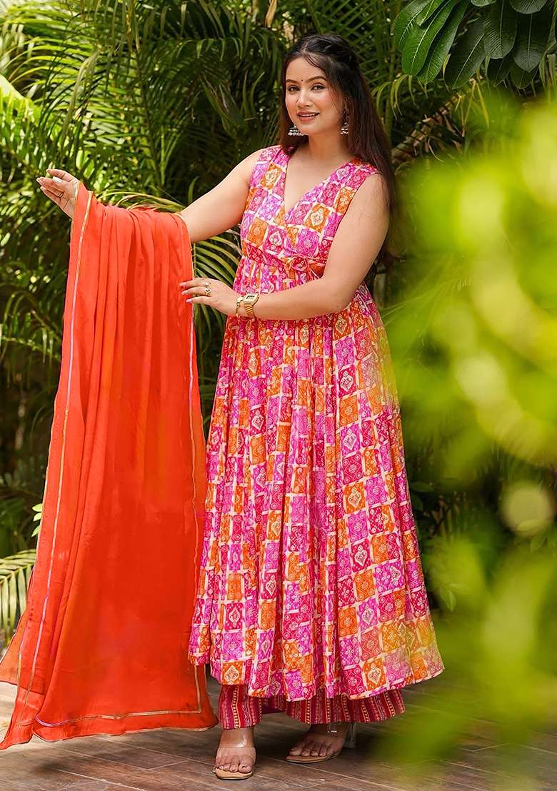 Porange And Pink Printed Muslin Anarkali Set - Indya