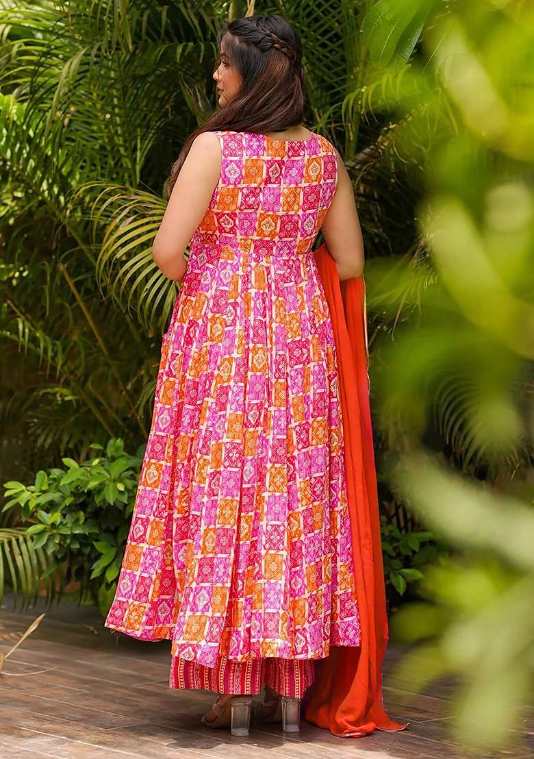 Porange And Pink Printed Muslin Anarkali Set - Indya