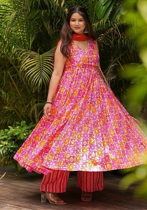 Porange And Pink Printed Muslin Anarkali Set — view on Indya