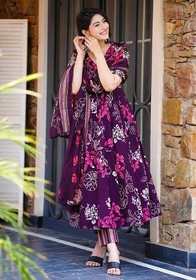 Wine And Rose Floral Print Muslin Anarkali Set