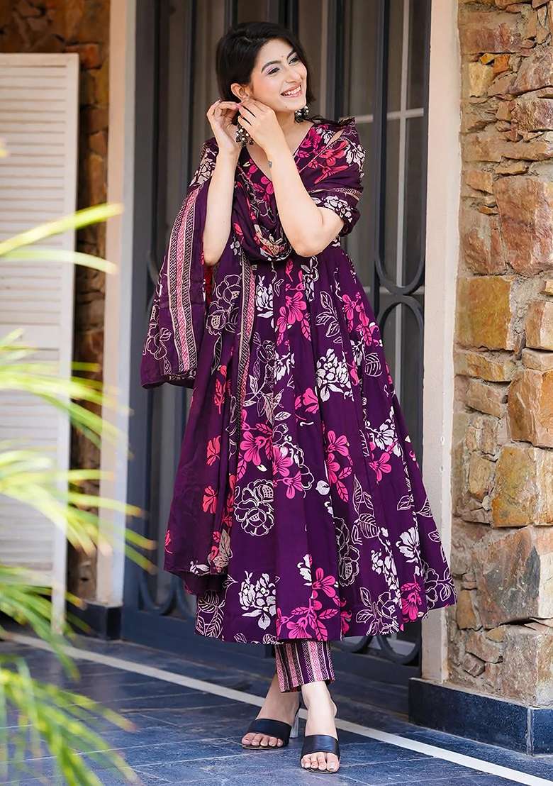 Wine And Rose Floral Print Muslin Anarkali Set - Indya