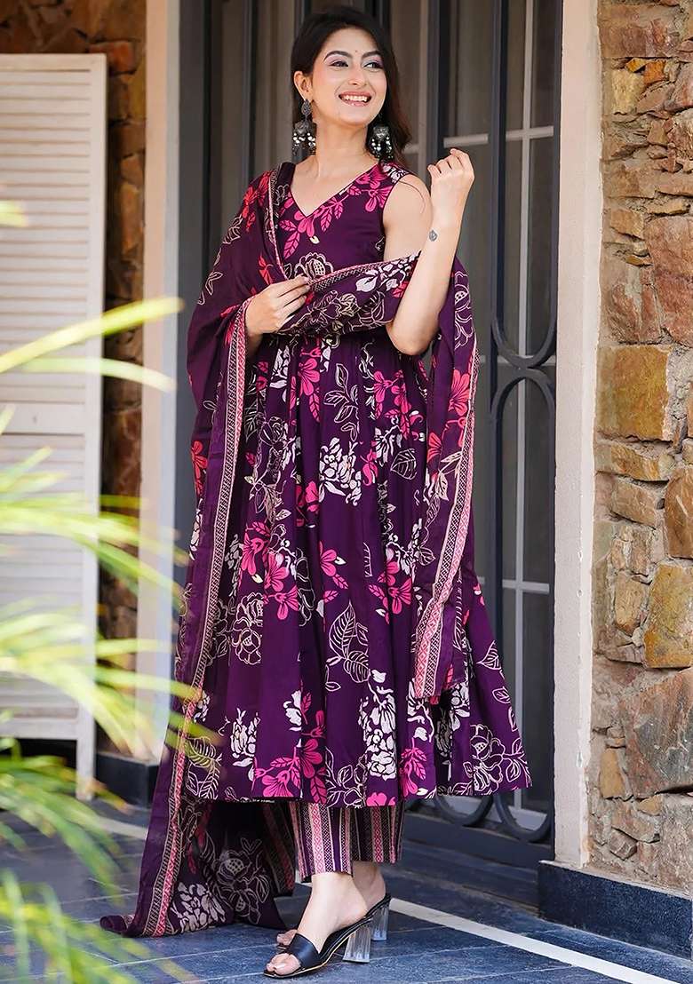 Wine And Rose Floral Print Muslin Anarkali Set - Indya