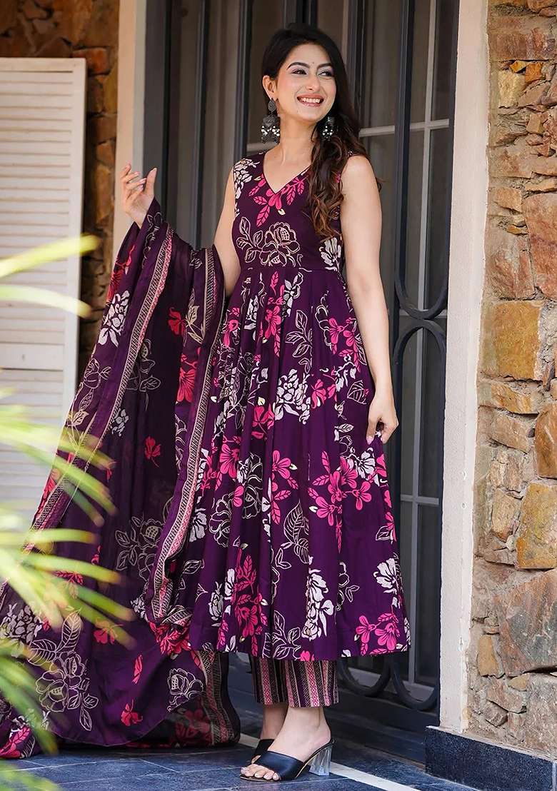 Wine And Rose Floral Print Muslin Anarkali Set - Indya