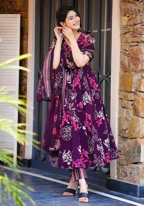Wine And Rose Floral Print Muslin Anarkali Set