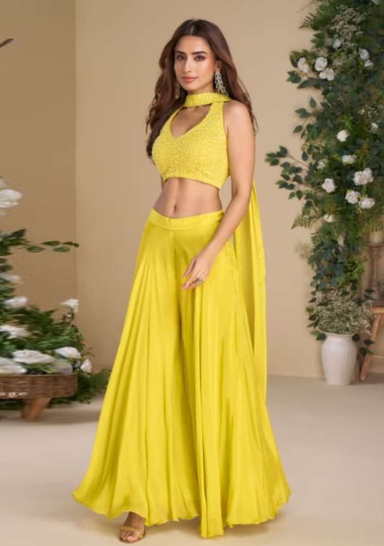 Yellow Embellished Chinon Sharara Set - Indya