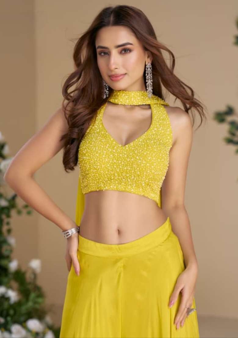 Yellow Embellished Chinon Sharara Set - Indya