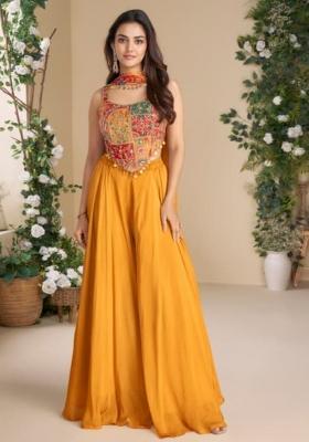 Orange Embellished Chinon Kurta Set