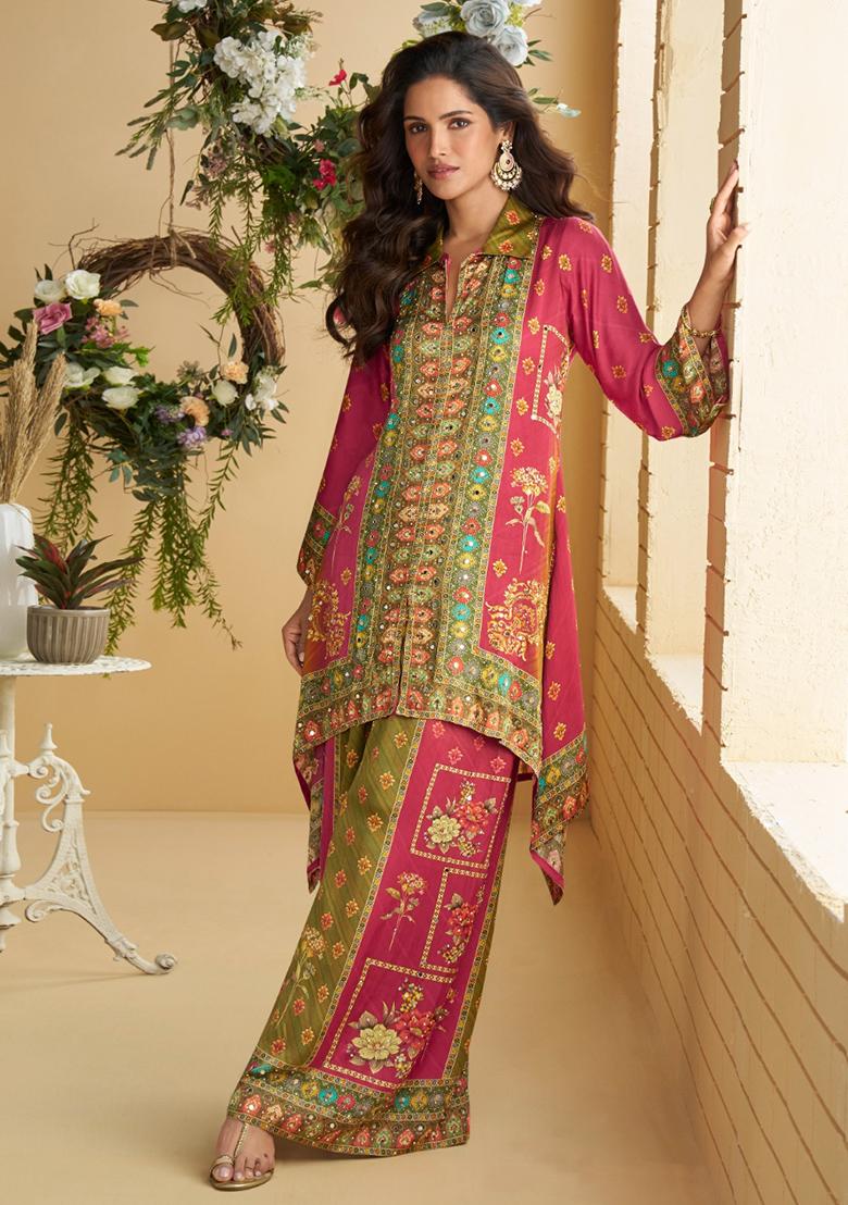 Magenta Printed Silk Pakistani Salwar Kameez
