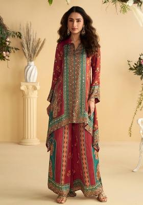 Red Printed Silk Pakistani Salwar Kameez