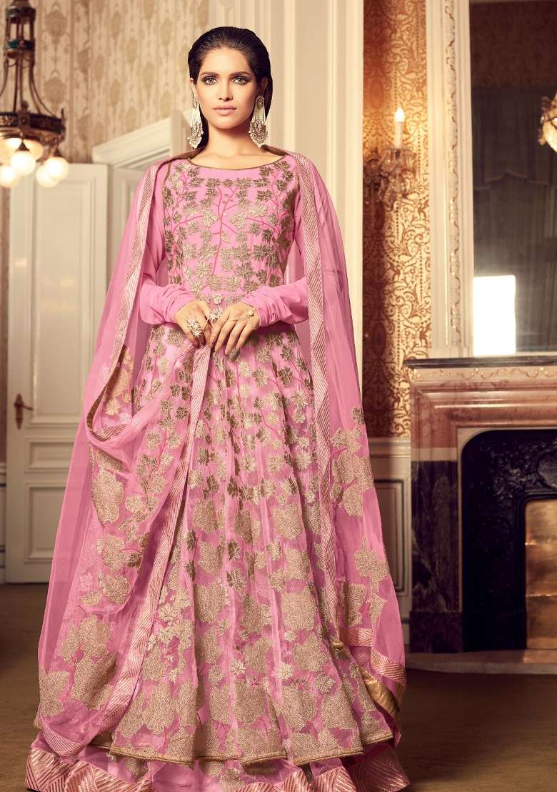 Pink Embroidered Net Anarkali Set - Indya
