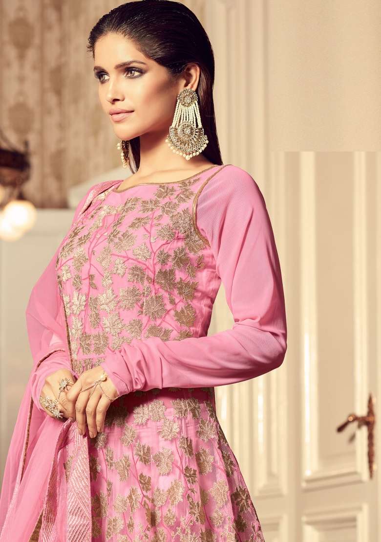 Pink Embroidered Net Anarkali Set - Indya