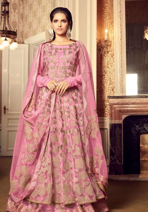 Pink Embroidered Net Anarkali Set