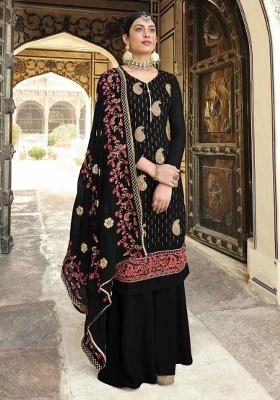 Black Embroidered Georgette Sharara Set