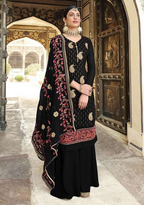 Black Embroidered Georgette Sharara Set