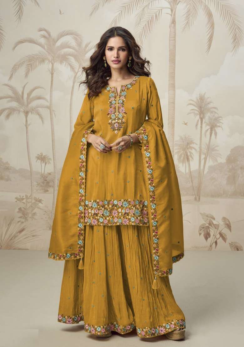 Yellow Embroidered Chiffon Sharara Set - Indya