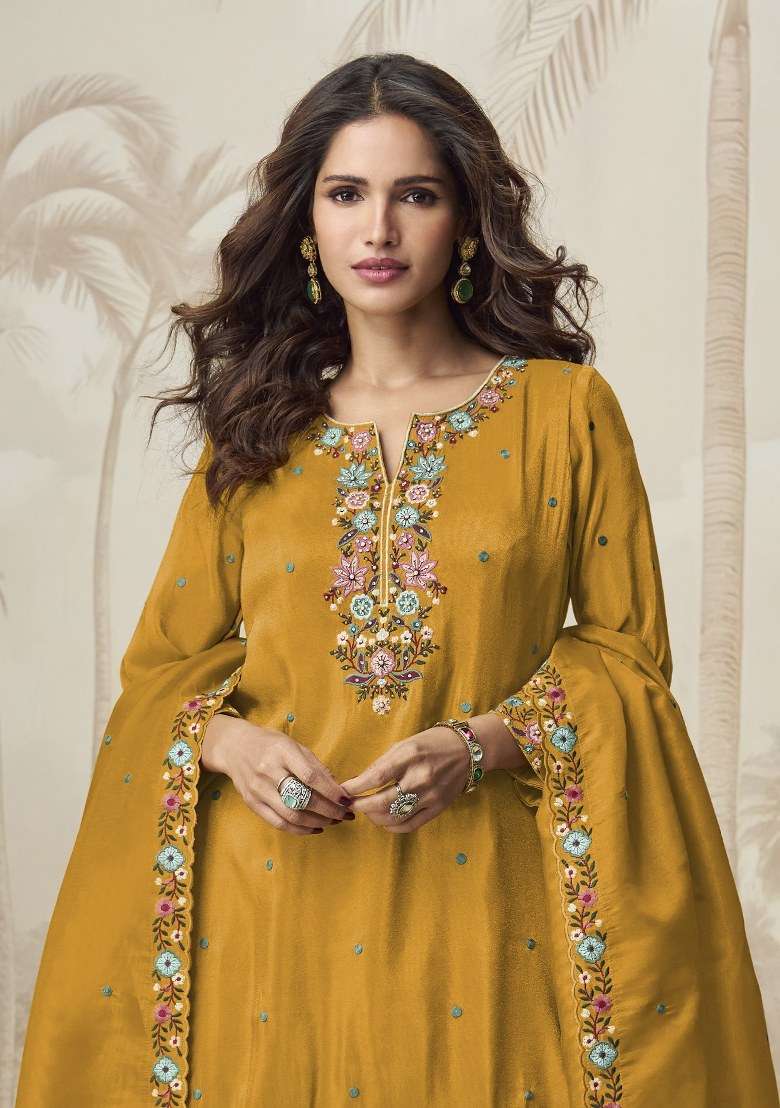 Yellow Embroidered Chiffon Sharara Set - Indya