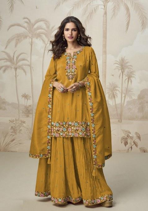 Yellow Embroidered chiffon Kurta Set