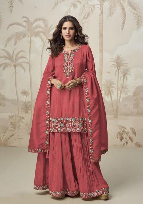 Pink Embroidered chiffon Kurta Set