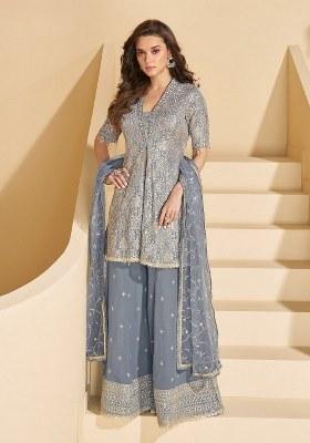 Grey Embroidered Georgette Kurta Set
