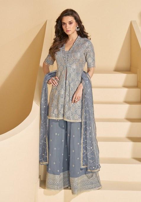 Grey Embroidered Georgette Kurta Set