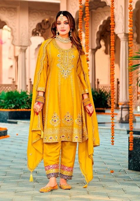 Yellow Embroidered chiffon Salwar Kameez