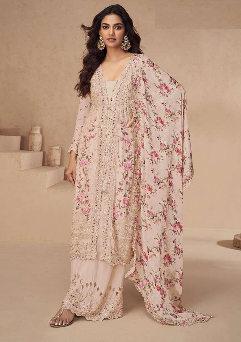 Peach Embroidered chiffon Salwar Kameez - Indya