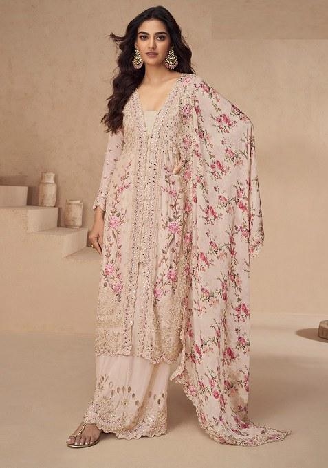 Peach Embroidered chiffon Salwar Kameez