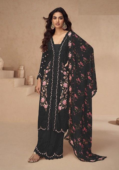 Black Embroidered Chiffon Pakistani Suit Set