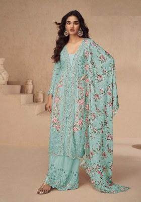 Blue Embroidered chiffon Salwar Kameez