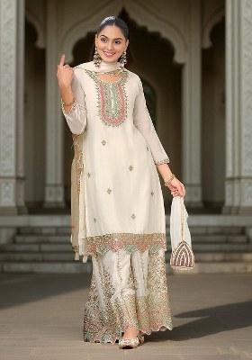 Beige Embroidered chiffon Kurta Set