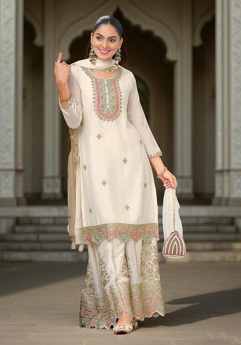 Beige Embroidered chiffon Kurta Set
