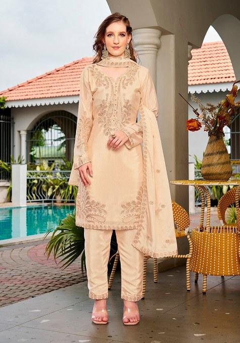 Beige Embroidered chiffon Salwar Kameez