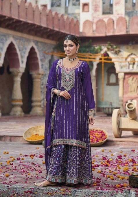 Purple Embroidered chiffon Kurta Set