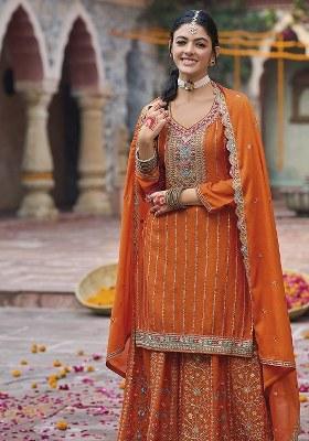 Orange Embroidered chiffon Kurta Set