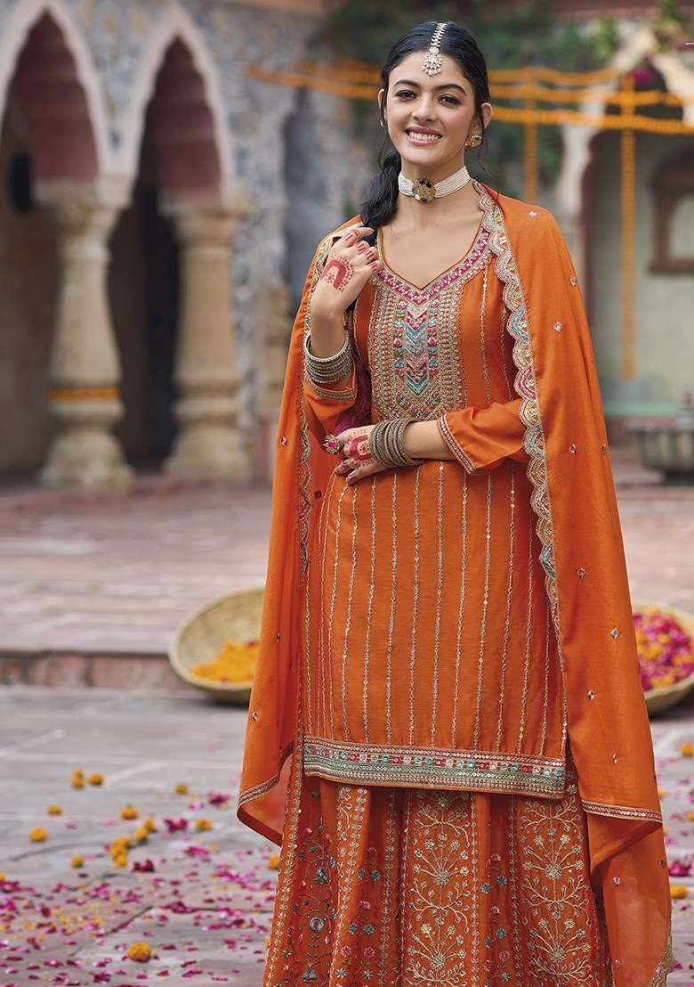Orange Embroidered Chiffon Sharara Set - Indya