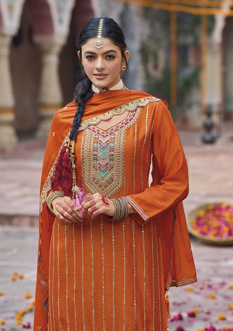 Orange Embroidered Chiffon Sharara Set - Indya